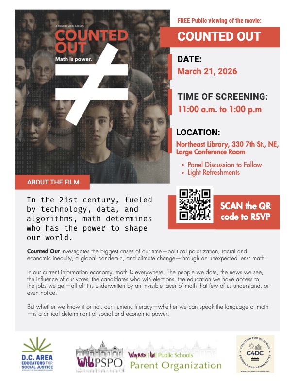 Promotional flyer for the film 'Counted Out,' discussing the influence of math on power dynamics in society. Includes details about a free public screening, date, time, location, and a QR code for RSVP.